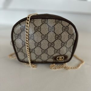 Gucci Beige GG Canvas Crossbody with Dark Brown Trim and Gold Chain